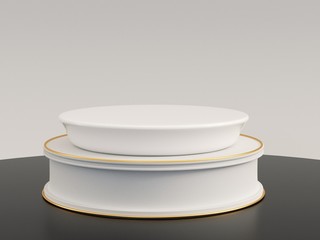 White vintage show stage stand on black floor.