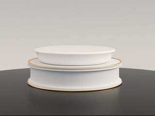 White vintage show stage stand on black floor.