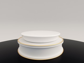 White vintage show stage stand on black floor.