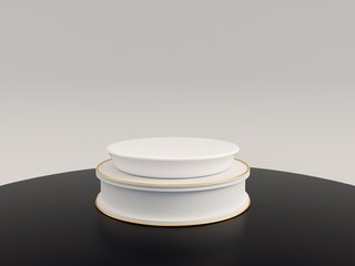 White vintage show stage stand on black floor.