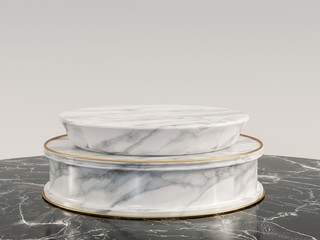 White marble vintage show stage stand on black reflective floor.