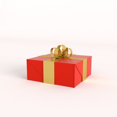 Red gift box with golden ribbon isolated in white background.