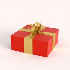 Red gift box with golden ribbon isolated in white background.