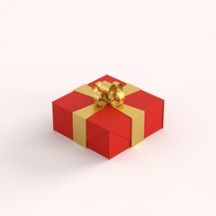 Red gift box with golden ribbon isolated in white background.
