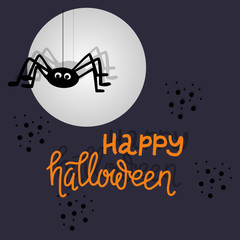 spider on moon background happy Halloween lettering.