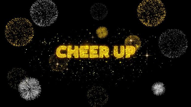 Cheer Up Text Reveal on Glitter Golden Particles Firework. Sale, Discount Price, Off Deals, Offer promotion offer percent discount ads 4K Loop Animation.