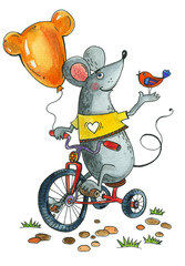 merry mouse rides a Bicycle, watercolor illustration