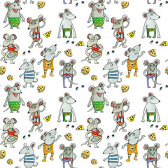watercolor pattern with a mouse, a lot of mice in clothes