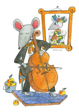 watercolor illustration with a mouse, a mouse playing the cello, a mouse-musician