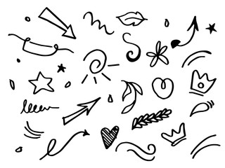 Vector hand drawn collection of design element. curly swishes, swoops, swirl, arrow, heart, love, crown, ribbon, flower, star, highlight text and emphasis element. use for concept design