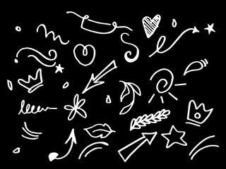 Vector hand drawn collection of curly arrow. swishes, swoops, swirl, heart, love, crown, flower, star, firework, highlight text and emphasis element, on black background, use for concept design-01