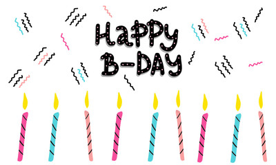 Happy birthday greeting card and party invitation set, vector illustration, hand drawn style. 