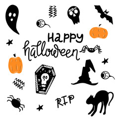 Halloween Design Elements Set. Handwritten Ink Lettering and Hand Drawn Cartoon Doodles.  Vector illustration