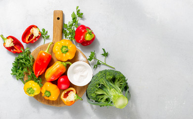 Fresh colorful mix homemade peppers on white background top view. Flat lay, copy space
