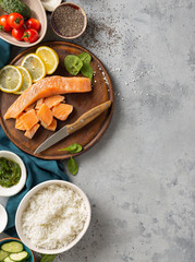 Healthy vegan food concept Ingredients for cooking poke bowl with salmon, avocado, vegetables and chia seeds top view