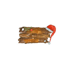 Watercolor illustration of a santa hat and a wooden frame with a fir branch hand-drawn with watercolor paints and is perfect for all types of design
