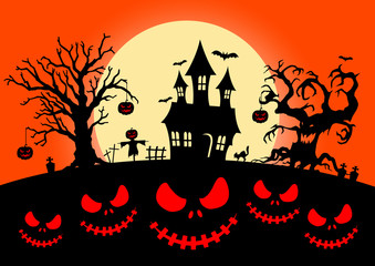 Fototapeta na wymiar Silhouette halloween pumpkins and cemetery, castle, big evil tree, bat, on yellow moon and red sky in background with face scary pumpkins, flat line vector and illustration.