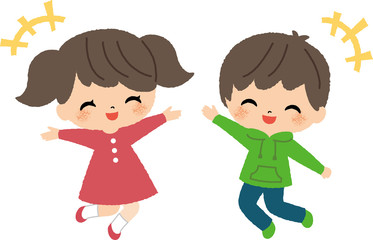 ジャンプ　子供　男の子　女の子　笑う　笑顔