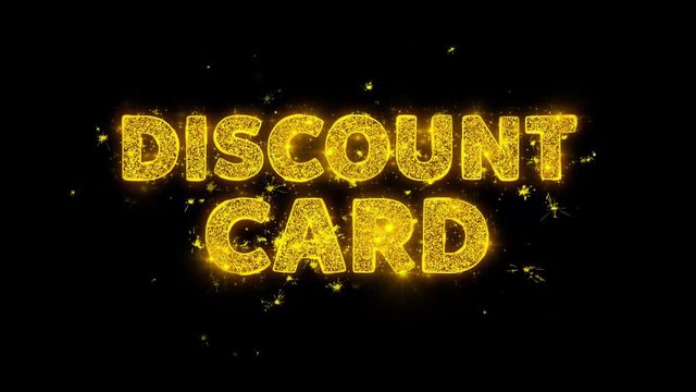 Discount Card Text Sparks Glitter Particles on Black Background. Sale, Discount Price, Off Deals, Offer promotion offer percent discount ads 4K Loop Animation.