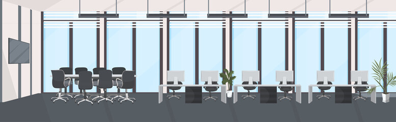 Fototapeta na wymiar creative co-working cabinet with workplace desks and conference round table empty no people meeting room with panoramic windows modern workspace office interior flat horizontal