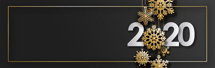 2020 Christmas and New Year design. White volumetric numbers, hanging decorative snowflakes on gold chains on black background. Horizontal dark background with place for text, Vector illustration