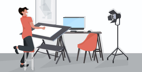 male designer using adjustable board man planning project engineering concept modern office draftsman studio interior flat full length horizontal