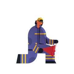 brave fireman using red buckets extinguishing fire firefighter wearing uniform and helmet firefighting emergency service concept flat white background full length