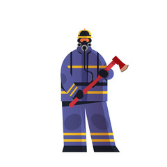 brave fireman holding axe firefighter wearing uniform and helmet firefighting emergency service extinguishing fire concept flat white background full length