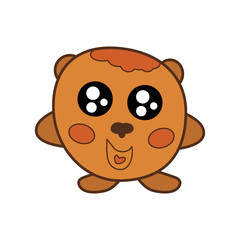 A cute little happy brown kawaii teddy bear with big black eyes stands on its paws and smiles. Wild forest, zoo animal.