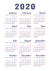 Calendar 2020 year. Vector design template. English vertical pocket calender. Week starts on Sunday