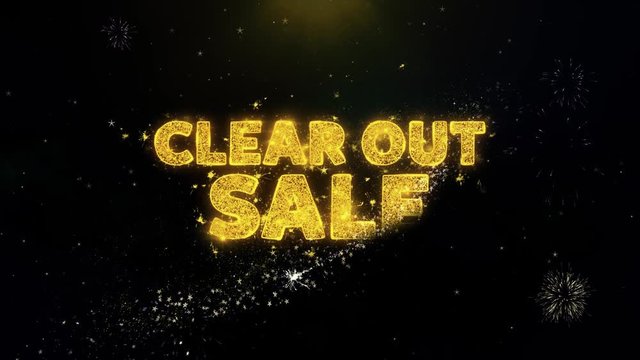 Clear Out Sale Text on Gold Glitter Particles Spark Exploding Fireworks Display. Sale, Discount Price, Off Deals, Offer Promotion Offer Percent Discount ads 4K Loop Animation.