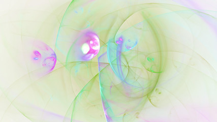 Abstract transparent green and pink crystal shapes. Fantasy light background. Digital fractal art. 3d rendering.