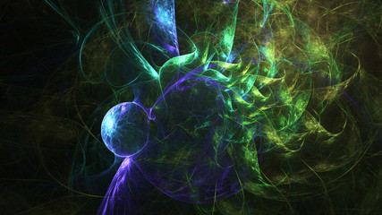 Abstract transparent blue and green crystal shapes. Fantasy light background. Digital fractal art. 3d rendering.