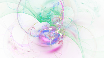 Abstract transparent green and pink crystal shapes. Fantasy light background. Digital fractal art. 3d rendering.