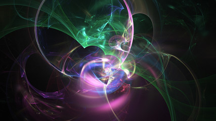 Abstract transparent green and pink crystal shapes. Fantasy light background. Digital fractal art. 3d rendering.