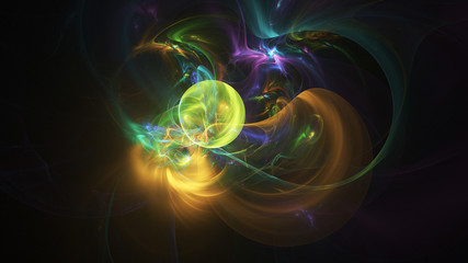 Abstract transparent green and yellow crystal shapes. Fantasy light background. Digital fractal art. 3d rendering.