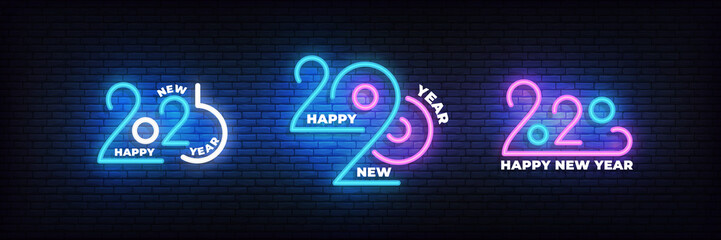 2020 Happy New Year neon set. Glowing 2020 New Year typography sign