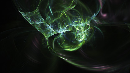Abstract transparent green crystal shapes. Fantasy light background. Digital fractal art. 3d rendering.