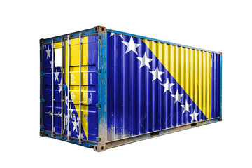  The concept of  Bosnia Herzegovina export-import, container transporting and national delivery of goods. The transporting container with the national flag of Bosnia Herzegovina, view front