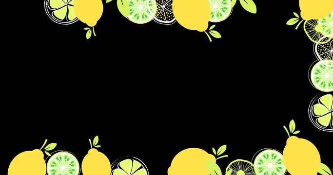Stop motion animation of vector citrus fruits forming a frame on transparent background with alpha channel