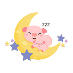 Obraz na płótnie Canvas Cute pig mom and baby sleep on the moon.