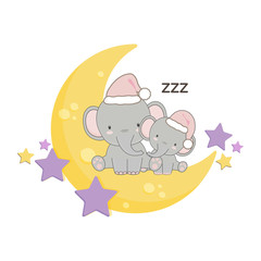 Cute elephant mom and baby sleep on the moon.