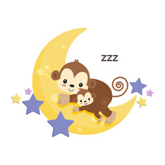 Cute monkey mom and baby sleep on the moon.