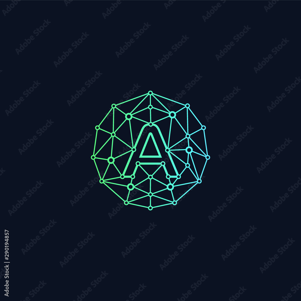 Poster letter a network logo design. technology digital abstract dot connection cross logo icon. circle wit