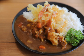 Japanese curry rice with fried shrimp tempura Japanese food