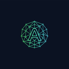 Letter A network  Logo design. Technology digital abstract dot connection cross logo icon. Circle with connected lines for brand of smart contract block symbol. - Vector