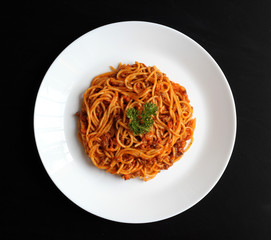 Delicious Spicy Spaghetti - Top View and Close Up - Home Made