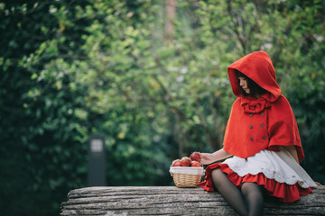Portrait young woman with Little Red Riding Hood costume with apple and bread on basket sitting in...