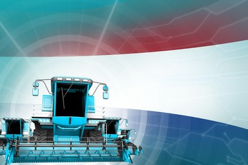 Digital industrial 3D illustration of blue modern grain combine harvesters on Netherlands flag, farming equipment modernisation concept