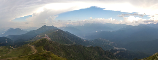 mountain landscape on a cloudy summer day - panorama over the observation deck on the top of Kamenny Stolb (Stone Pillar -2502m) - Aibga mountain range, Western Caucasus, South of Russia